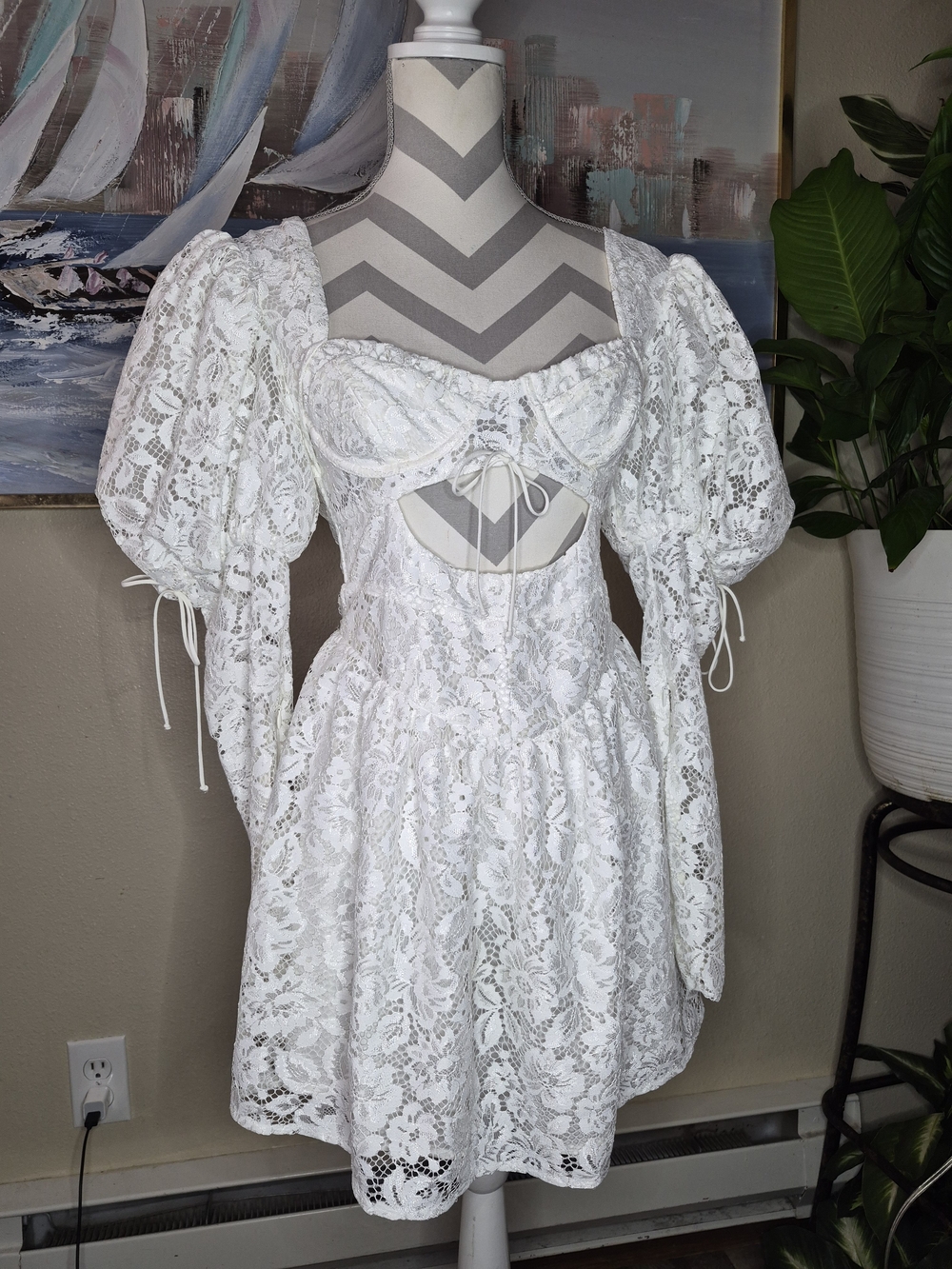 For Love & Lemons White Lace Puff Sleeve Mini Dress